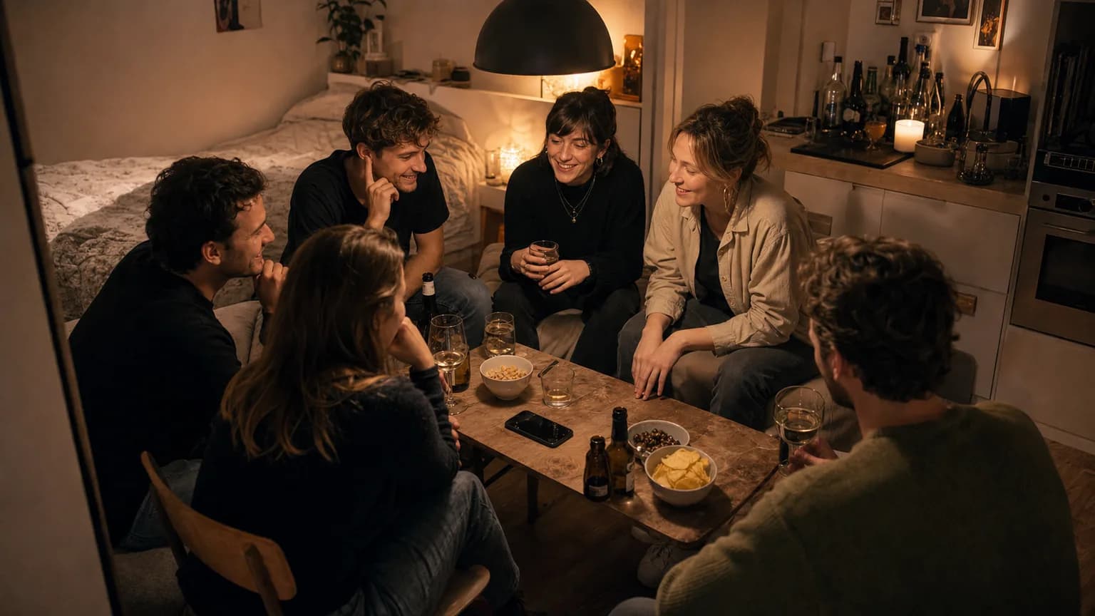 Compact one-room apartment party with one table, snacks, coats tucked away and one phone for short party games.