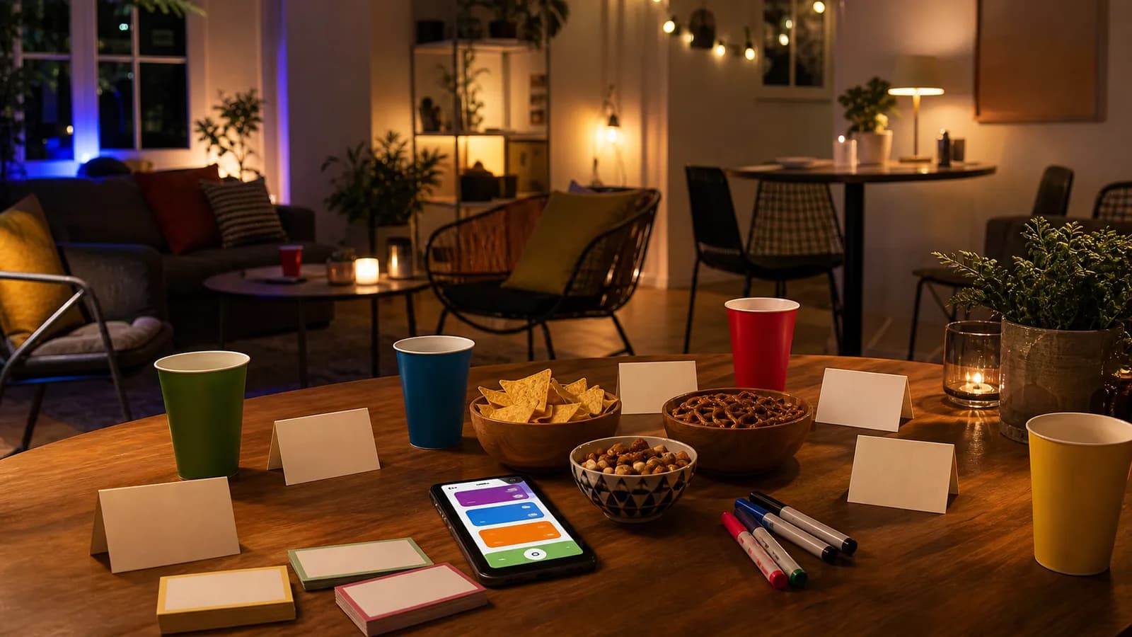 Apartment party table with blank name cards, snacks and one phone for low-pressure icebreaker games.