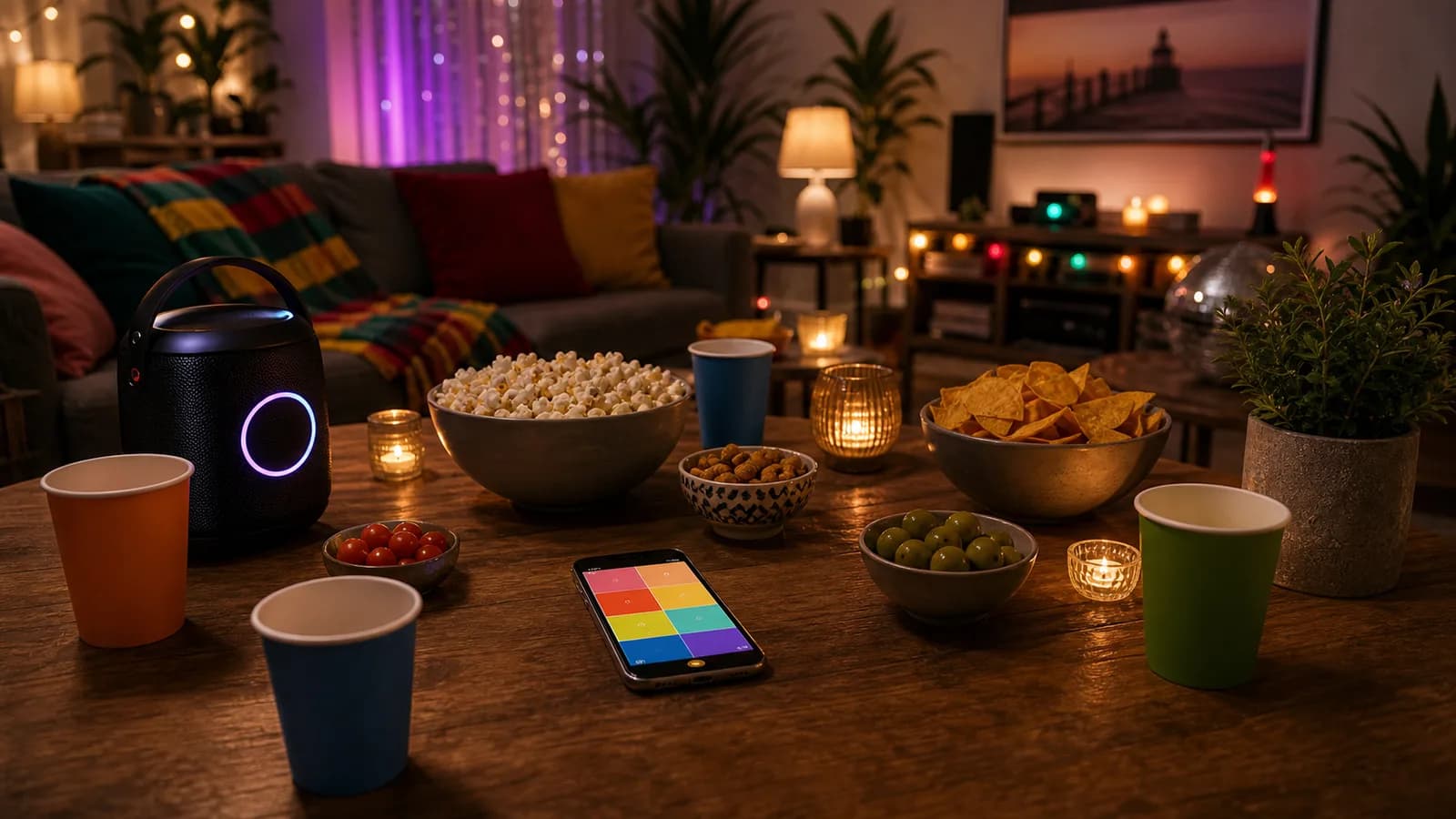 House party table with one phone, snacks and drinks for no-card party games.