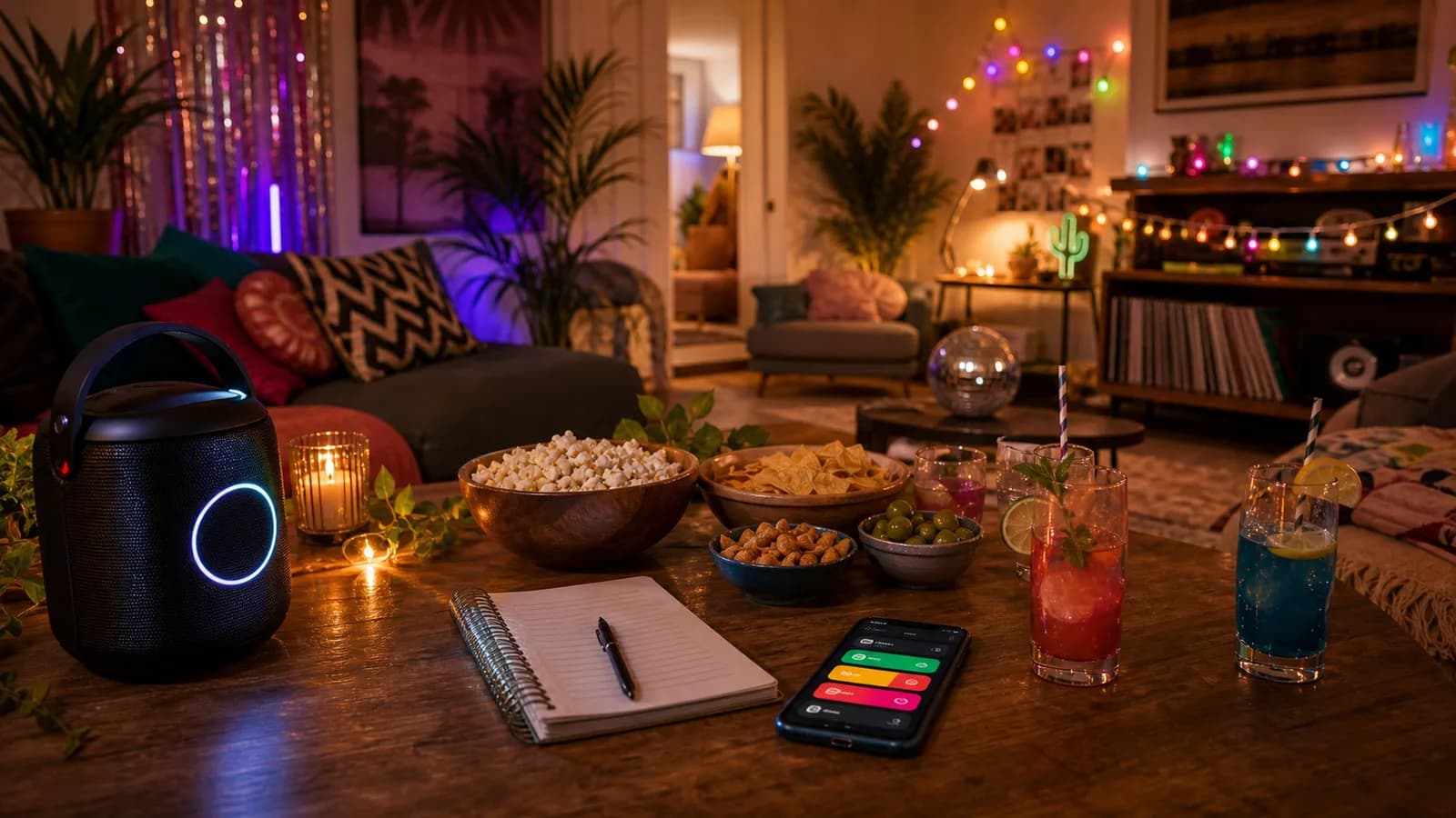 Woonkamerfeest met speaker, telefoon, playlistnotities, snacks en warme verlichting.