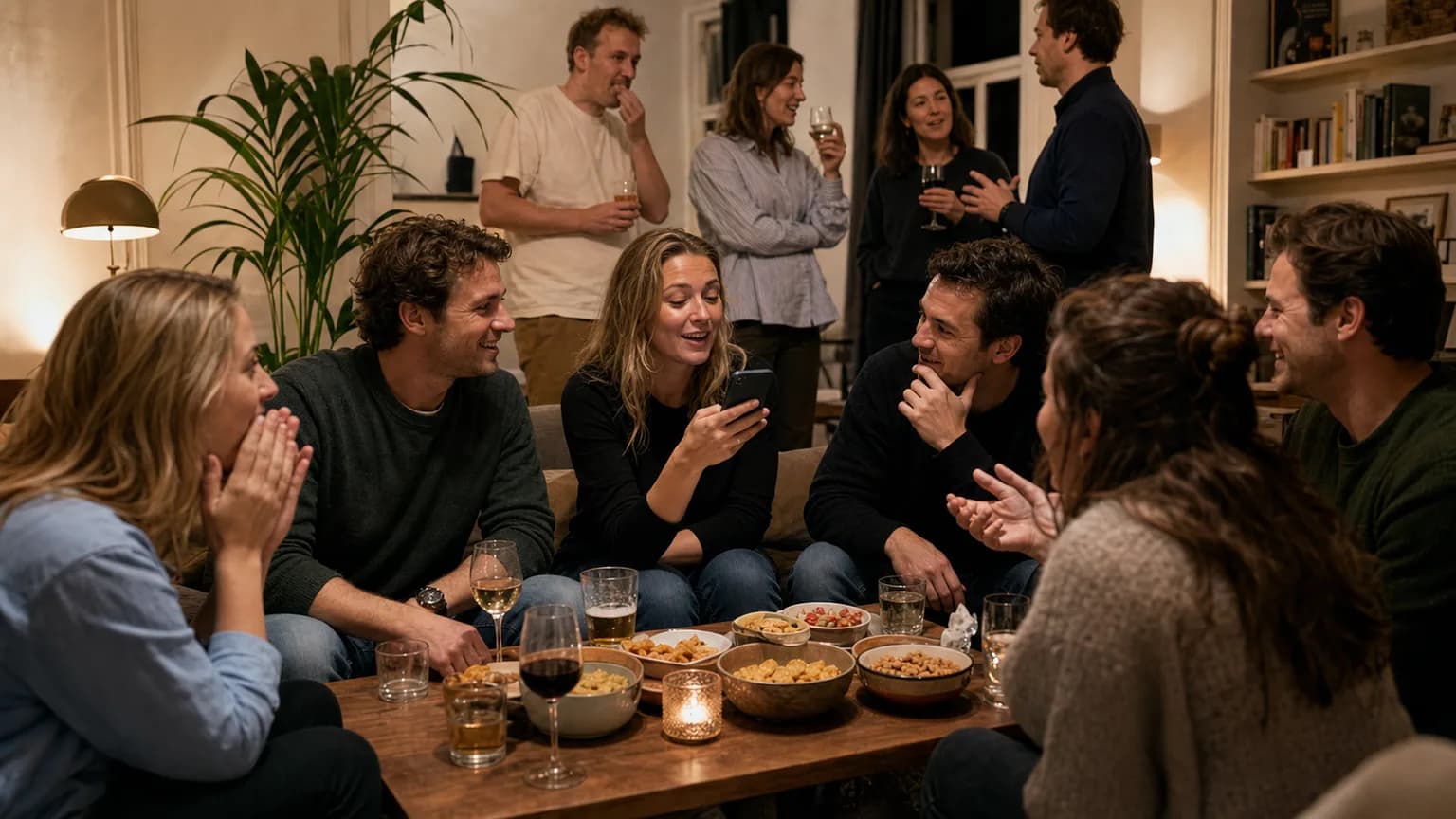 Casual borrel met snacks, drankjes en een telefoon voor een spel zonder kaarten.