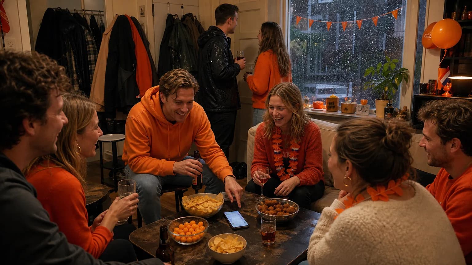 Regenachtige Koningsdag binnen met oranje accenten, natte jassen en telefoonspel op tafel.