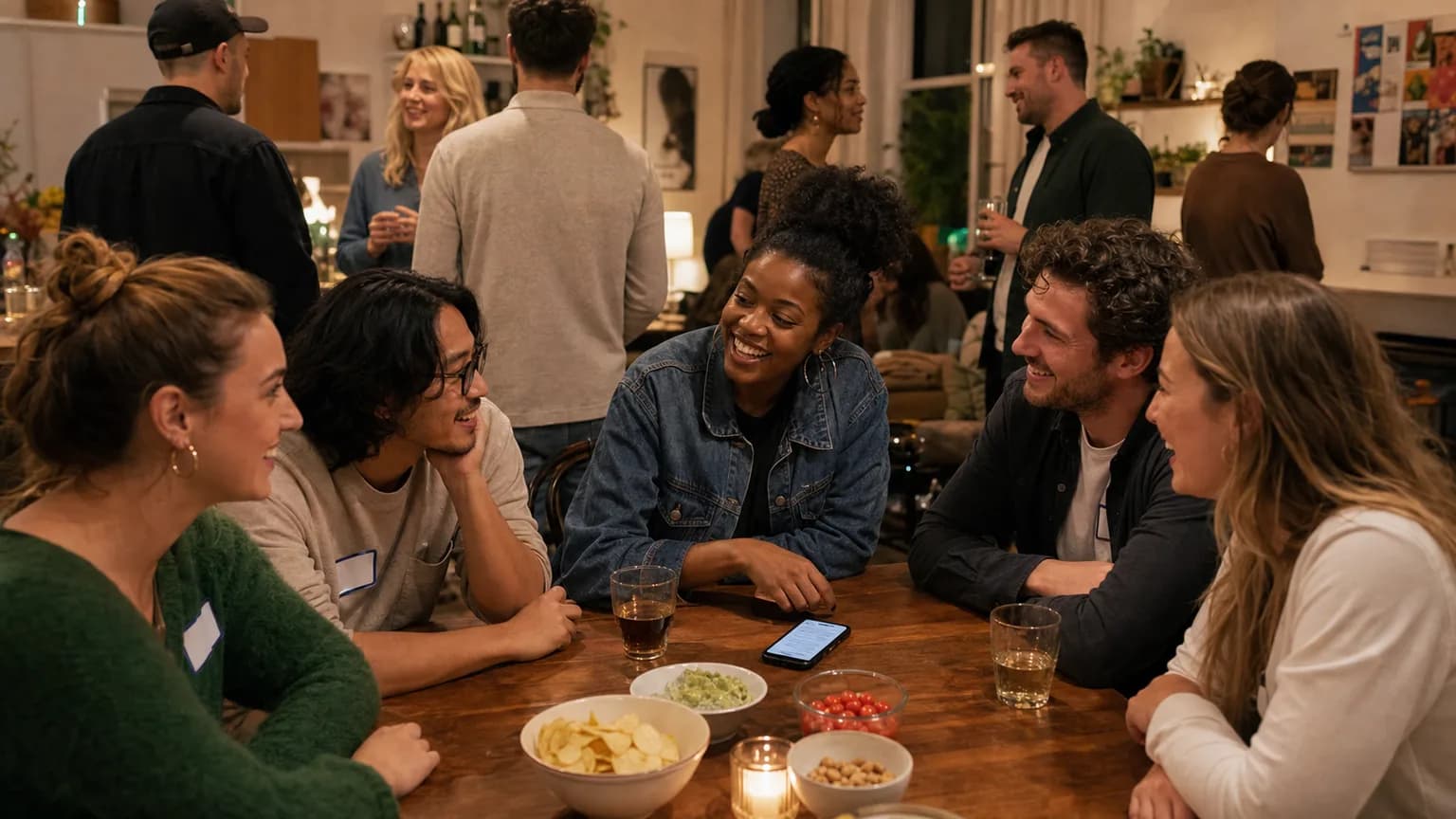 Gemengde vriendengroep rond een tafel met naamstickers, snacks en telefoon voor icebreaker prompts.